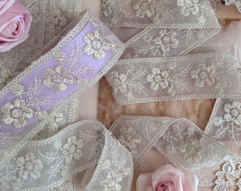 Vintage Gold Floral Embroidered Net Mesh Lace Ribbon Trim by the Yard