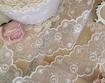 Vintage ivory Cabbage Rose embroidered rosebud sheer mesh organza scalloped lace trim by the yard