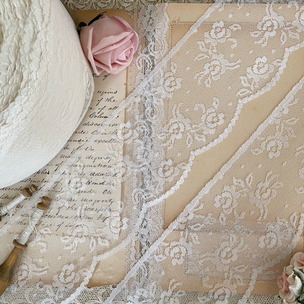 Vintage ivory rose floral raschel scalloped lace trim by the yard