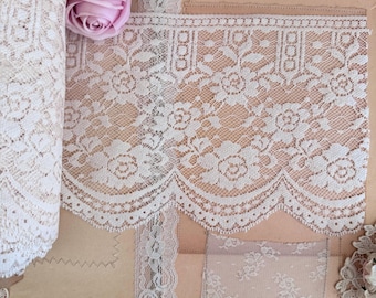 Vintage Ivory Floral Scalloped Filet Lace Trim by the Yard