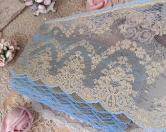 Vintage Blue Gold Mesh Lace Trim by the Yard, Gold Floral Lace, Wide Scalloped Lace, Regency Inspired Lace, Bridgerton Style,