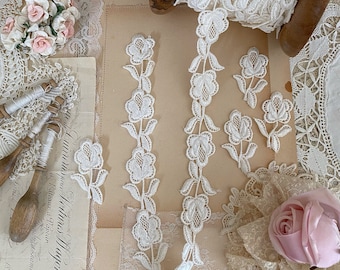 Vintage ivory flower applique trim guipure lace trim by the yard