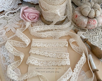 Vintage French lace trim ivory ecru net bobbin scalloped doll lace trim by the yard