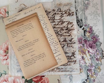 Antique Ephemera Bundle – 1800s Book Pages, Floral Wallpaper, French Script