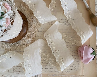 Vintage Ivory Cream embroidered eyelet lace trim Broderie Anglaise trim by the yard
