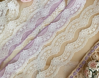 Vintage Ivory Floral Scalloped lace trim, lingerie lace trim, Gunne sax lace trim by the yard