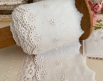 Vintage eyelet lace trim ivory antique white scallop floral embroidered lace trim by the yard