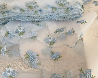 Vintage blue roses embroidered organza mesh trim by the yard