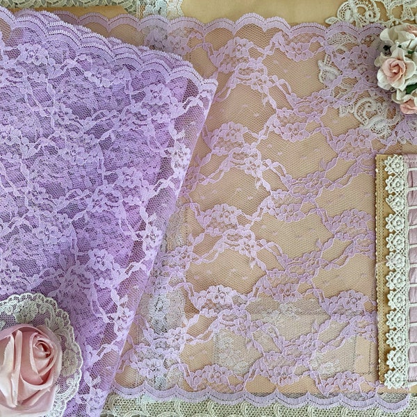 Vintage lilac pink scalloped raschel lace by the yard