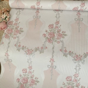 Vintage roses and ribbons floral wallpaper by the yard