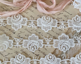 Vintage rose applique schiffli lace trim by the yard