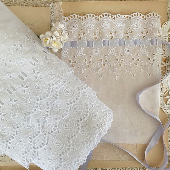 Vintage Broderie Anglaise Rose embroidery white eyelet beading lace trim petticoat christening eyelet by the yard