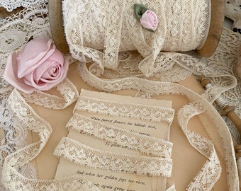 Vintage French lace trim ivory ecru net bobbin scalloped doll lace trim by the yard