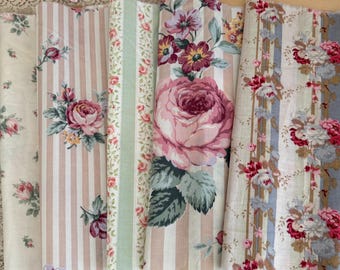 Vintage Floral Fabric Bundle, Cottagecore Rose Stripe Cotton Scraps, Shabby Chic Quilt Remnants