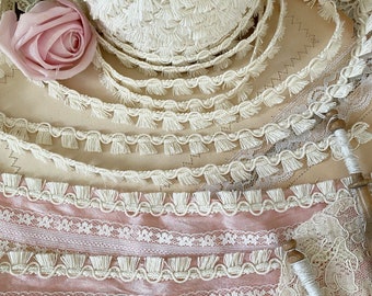Vintage ivory ecru fringe edging gimp tassel trim by the yard