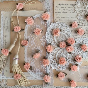 Vintage Peachy Blush Satin Ribbon Roses, Ribbonwork Cabbage Rosettes, Millinery Applique Flowers set of 12 pcs