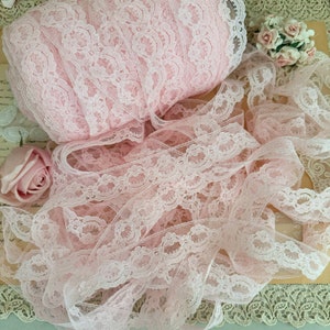 Vintage pink lace trim shabby chic floral scalloped lace by the yard