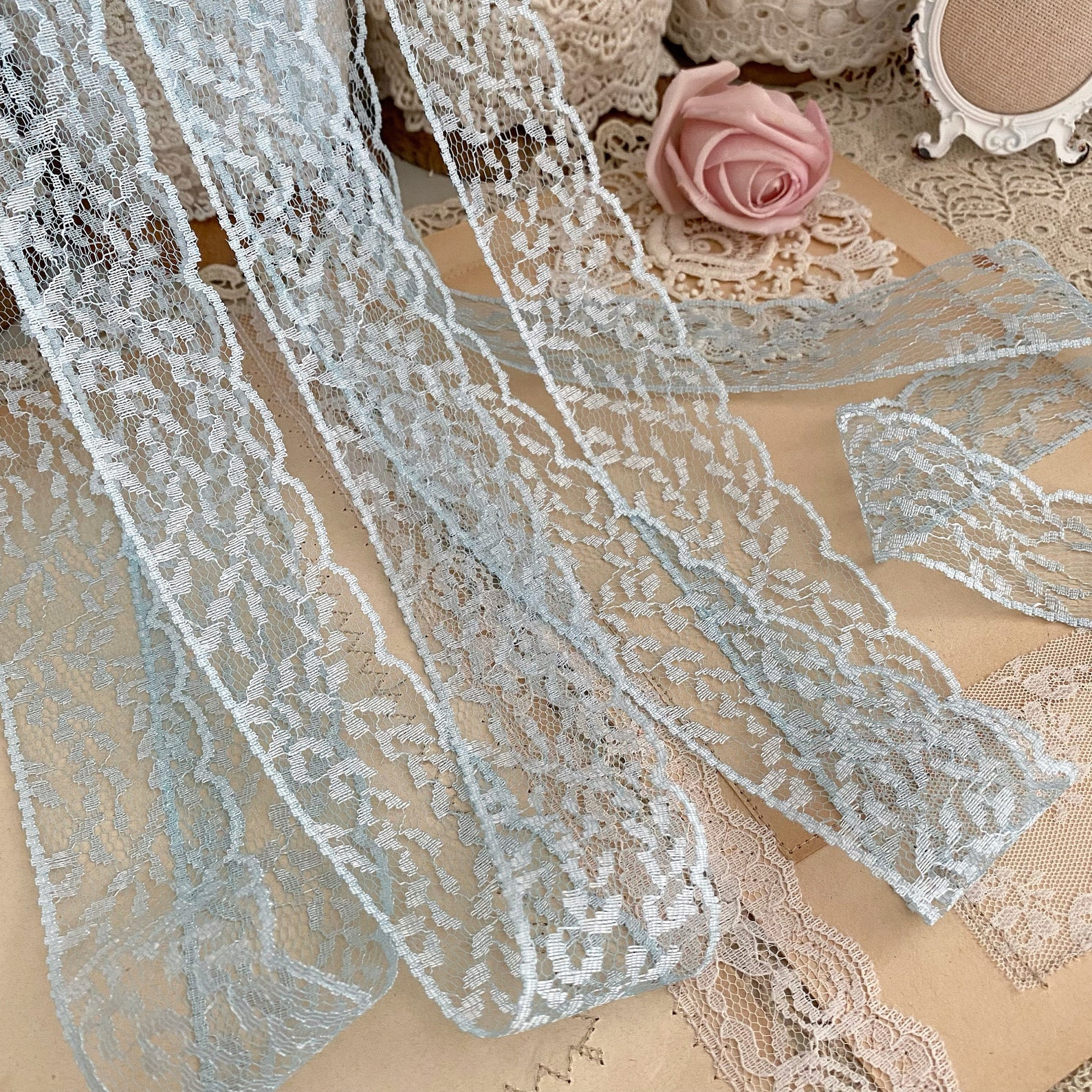 Vintage Pale BLUE Lace Floral Scallop Lace Raschel Shabby Chic Lace ...