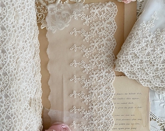 Ivory petite floral scalloped embroidered mesh shabby chic lace trim by the yard