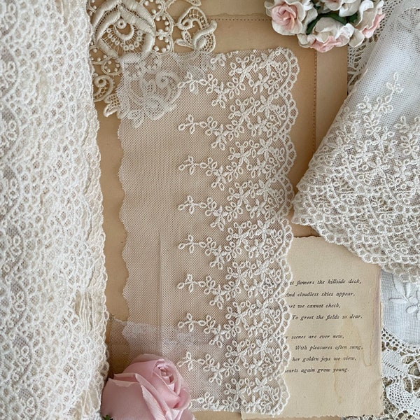 Ivory petite floral scalloped embroidered mesh shabby chic lace trim by the yard