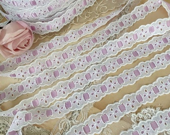 Vintage Broderie Anglaise Lilac pink ribbon insert eyelet lace trim by the yard