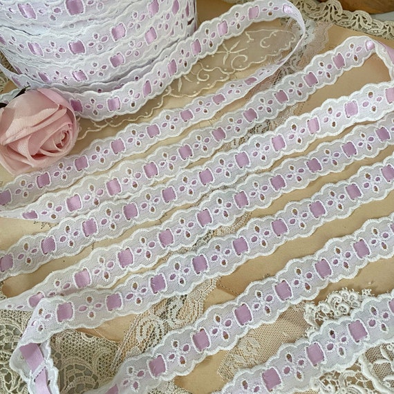 Vintage Broderie Anglaise Lilac Pink Ribbon Insert Eyelet Lace Trim by the  Yard 