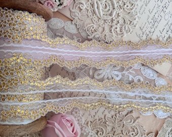 Vintage White and Gold Scalloped Floral Edging Lace Trim, Doll Lace Trim, Raschel lace trim by the yard