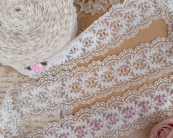 White ivory Floral double scalloped Venise beading Lace ribbon trim by the Yard