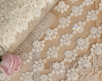 Ivory floral embroidered appliqué schiffli lace trim by the yard