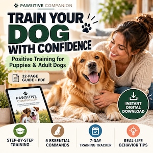 Puede incluir: Una guía de adiestramiento canino en formato PDF digital de 32 páginas titulada Pawsitive Companion. Incluye entrenamiento paso a paso, 5 comandos esenciales, un rastreador de entrenamiento de 7 días y consejos de comportamiento.
