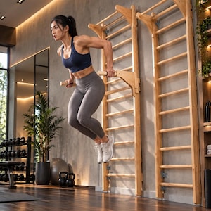 May include: A light-colored wooden wall-mounted stall bar unit featuring horizontal rungs and a pair of detachable parallel dip bars. The structure is secured to a vertical surface, providing a sturdy frame for various fitness exercises.