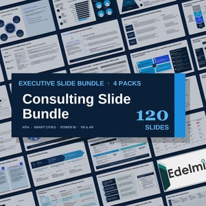 Può includere: Un pacchetto di diapositive per presentazioni digitali contenente 120 slide suddivise in 4 set. Il banner centrale blu scuro mostra il testo Executive Slide Bundle, Consulting Slide Bundle, 120 Slides, KPIs, Smart Cities, Power BI e VR & AR.