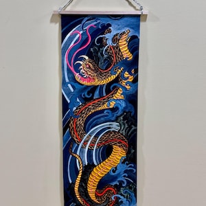 Japanse slangenrolschildering, originele acryl muurdecoratie van Hebi, Kakejiku hangende decoratie, slangenkunst geïnspireerd op Irezumi, blauw en goud