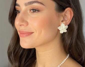 White Clay Plumeria Flowers Earrings handmade in Sunny Florida, birthday, anniversary, wedding, bridal