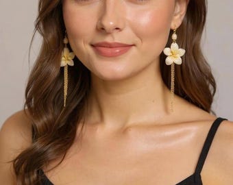 Plumeria Flower & Pearl Dangle Earrings: Handmade Gold Plated or 925 Silver
