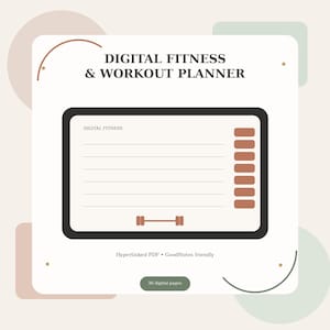 Op de afbeelding: Een digitale fitness- en workoutplanner-interface weergegeven op een scherm. De lay-out bevat de tekst DIGITAL FITNESS & WORKOUT PLANNER, horizontale lijnen, een halterpictogram, zes rechthoekige knoppen en de tekst 30 digital pages.