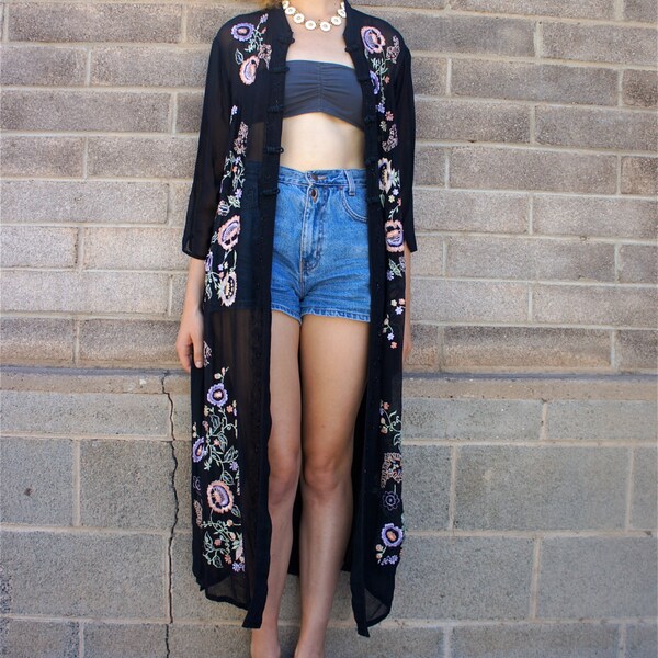 Goddess Kimono // Black // Sheer // Embroidered // Floral // Long // Vintage
