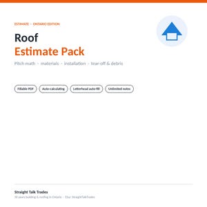 Puede incluir: Un documento digital titulado Roof Estimate Pack Ontario Edition con texto para cálculo de pendiente, materiales, instalación, desescombro y residuos. Incluye botones para PDF rellenable, cálculo automático y notas ilimitadas.
