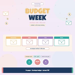Puede incluir: Una plantilla de planificador de presupuesto digital titulada BUDGET WEEK con secciones para Groceries, Bills, Fun y Save. Incluye iconos de sobres, etiquetas como envelope calm, bills seen y 14 páginas, en formato PDF instantáneo.