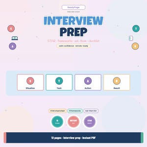 May include: A digital interview preparation guide titled INTERVIEW PREP with the subtitle FEELING COZY. It features the STAR framework, including Situation, Task, Action, and Result sections. The document contains 12 pages, 8 frameworks, and an ask-them list, provided as an instant PDF download.