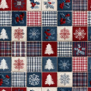 Peut inclure: Un motif de tissu composé d'une grille de carrés rouges, blancs et bleu marine. Les carrés présentent des motifs brodés incluant des sapins de Noël blancs, des flocons de neige rouges et blancs, du houx rouge et des motifs à carreaux.