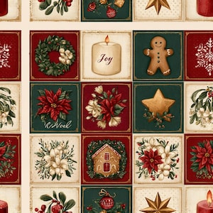 Peut inclure: Un motif de tissu composé d'une grille de carrés illustrant des thèmes de Noël, notamment une couronne verte, une bougie marquée Joy, un bonhomme en pain d'épices, un poinsettia, une étoile dorée, une maison en pain d'épices et des fleurs.