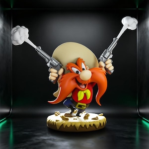 May include: A figurine of a cartoon character with a large orange mustache, wearing a red shirt, yellow neckerchief, blue pants, and a tan hat. The character holds two silver revolvers with white smoke puffs emerging from the barrels, standing on a base.