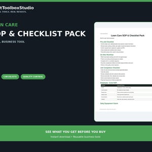 Può includere: Un pacchetto digitale di SOP e liste di controllo per la cura del prato di ProfitToolboxStudio, contenente un documento con una lista di controllo pre-lavoro, flusso di lavoro in loco e una tabella SOP per il personale su sfondo scuro.