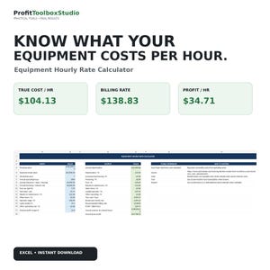 Könnte beinhalten: Eine Equipment Hourly Rate Calculator Tabellenvorlage von ProfitToolboxStudio. Das digitale Dokument zeigt Eingabefelder, Ergebniskalkulationen und Referenzen zur Bestimmung der tatsächlichen Kosten, des Stundensatzes und des Gewinns pro Stunde.
