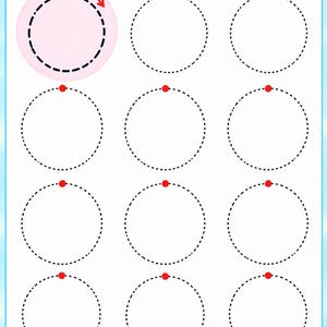 Puede incluir: Una hoja de ejercicios educativa titulada Circle Tracing con doce círculos punteados y puntos de inicio rojos. El texto dice Trace the circles from the starting point and complete each shape. El borde incluye un sol, una mariquita y una abeja.