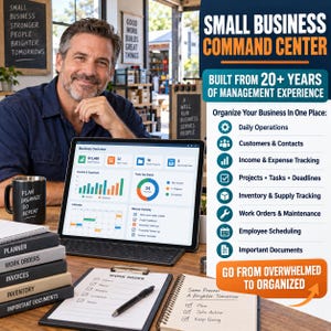 Pode incluir: Um tablet digital exibindo um painel de negócios com gráficos e um calendário, acompanhado por uma caneca preta com o texto PLAN ORGANIZE DO REPEAT, cadernos etiquetados, um formulário de ordem de serviço, uma caneta e um guia de gestão.