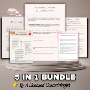 Può includere: Un pacchetto 5 in 1 di documenti stampati per saloni di bellezza che include un modulo di consenso e liberatoria, un listino prezzi, un modulo di consultazione per il cliente, una guida alla prenotazione e una guida alla cura delle unghie.