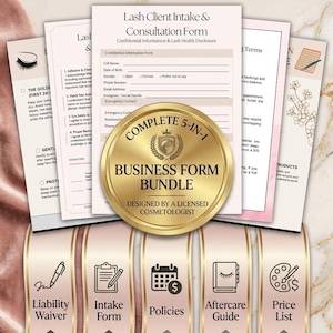 May include: A digital business toolkit for lash technicians featuring editable Canva templates including a client intake form, liability waiver, policies, aftercare guide, and price list, centered with a gold seal graphic.