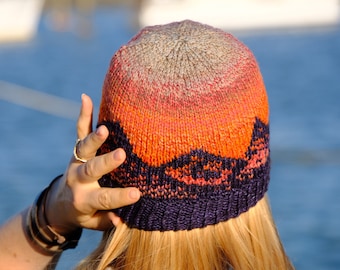 Knitting Pattern: Wildfire Hat (Worsted) // Mountain Hat // Adult Mountain Sunset Beanie // Colorwork Knit